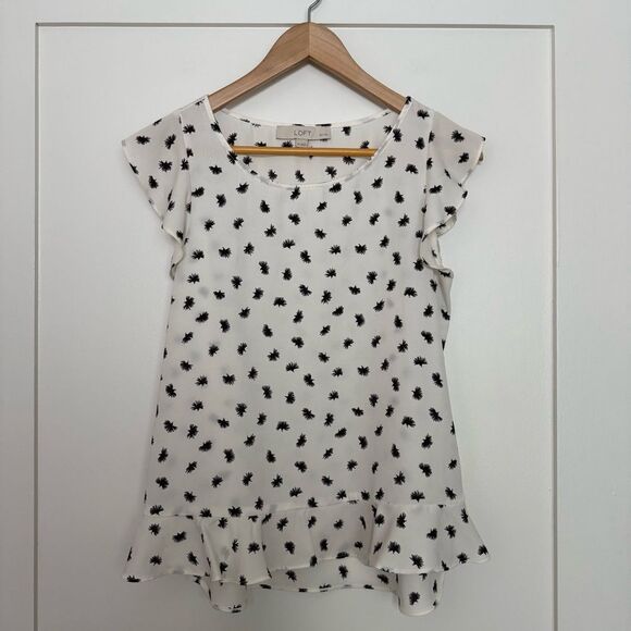 Loft Top Blouse Sz SP Small Petites White Black Print Ruffle Flutter Sleeveless - Picture 1 of 11